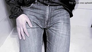 Amateur Homemade Jeans Peeing Closeup in Public Toilet Stall