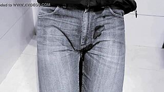 Amateur Homemade Jeans Peeing Closeup in Public Toilet Stall