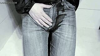 Amateur Homemade Jeans Peeing Closeup in Public Toilet Stall