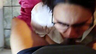 Nerd babe deepthroats big cock bareback till facial cumshot explosion