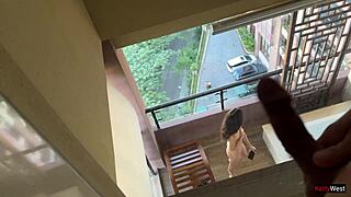 Peeping neighbor tempted by naked balcony slut's anal offer