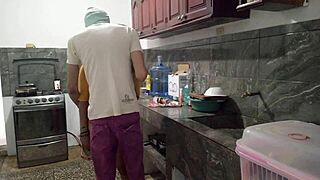 Latina pulls down stepbro's pants kitchen blowjob homemade monster cock suck