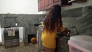 Latina pulls down stepbro's pants kitchen blowjob homemade monster cock suck