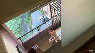 Peeping neighbor tempted by naked balcony slut's anal offer