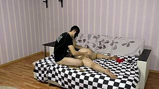 Suggestive glances at sleeping milf's big tits invite sneaky fun