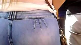 mega big ass babe wears tight jeans hugging her shaved pussy curves