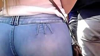 mega big ass babe wears tight jeans hugging her shaved pussy curves