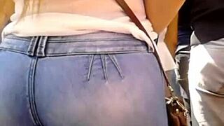 mega big ass babe wears tight jeans hugging her shaved pussy curves