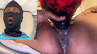 Ebonys Dripping Wet Masked Dildo Squirt Orgasm Close-Up