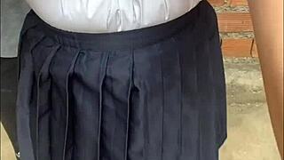 Colombian neighbor loses bet wears japanese school uniform for homemade fuck