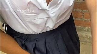 Colombian neighbor loses bet wears japanese school uniform for homemade fuck
