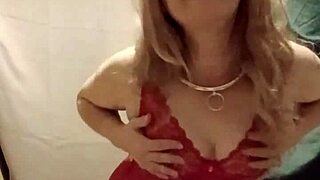 check out this enslaved french milf flashing her red body stockings solo at home