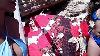 Lesbians scissor then stranger's cock fucks their wet pussies hard.