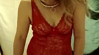 check out this enslaved french milf flashing her red body stockings solo at home