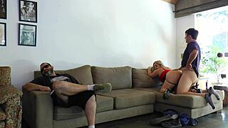 Unfaithful Wife Fucks Friend Doggystyle Next To Cuckold Hubby