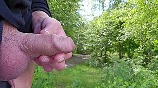 milf grips old man's small cock while he pees in garden wetting her fingers compilation