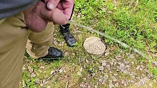 milf grips old man's small cock while he pees in garden wetting her fingers compilation