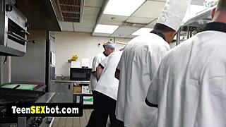 Cute blonde waitress bends over for staff doggystyle pounding in wild reality show gangbang orgy