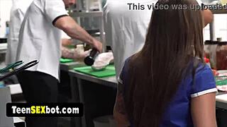 Cute blonde waitress bends over for staff doggystyle pounding in wild reality show gangbang orgy