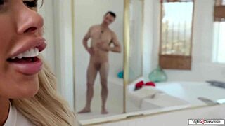 My pal's busty shemale stepsis slips into the shower for bareback fun