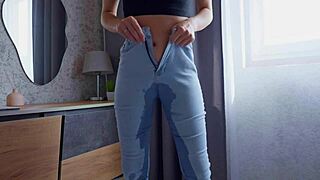 omg desperate girl pees soaking her tight jeans wet