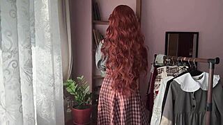 Cute Petite Curly Redhead Bookworm in College Library Nerd Cosplay