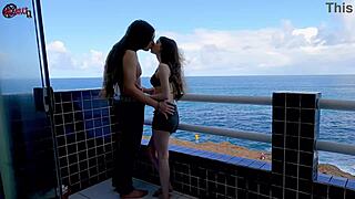 terrace fun turns steamy with ocean views - dollscult balcony babe
