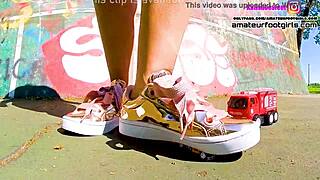 kati crushes toy cars under sneakers in giantess car trample frenzy