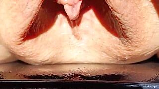 Whoa check out this horny mature flashing her huge soaked meaty pussy lips slow-mo!