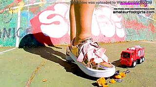 kati crushes toy cars under sneakers in giantess car trample frenzy