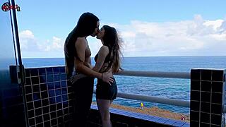 terrace fun turns steamy with ocean views - dollscult balcony babe