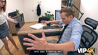 Naughty bank boss in stockings cums multiple times on subordinate's cock at work after getting caught?