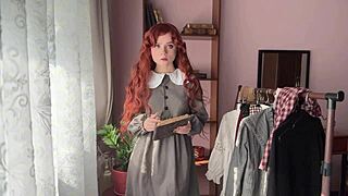 Cute Petite Curly Redhead Bookworm in College Library Nerd Cosplay