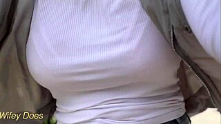 wifey risks braless bike ride dare flashing huge tits in tight shirt