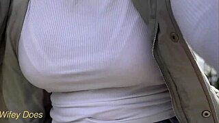 wifey risks braless bike ride dare flashing huge tits in tight shirt