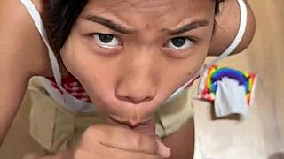 Skinny 18yo Asian Teases in Fitting Room Before Swallowing Load