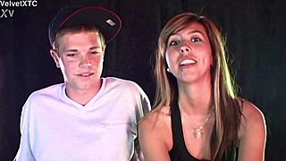 Cute blonde babe squirts during casting interview with dirty talk and feet play