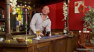 Naughty Brunette Sucks Horny Bartender's Monster Cock Deep in Empty Bar!