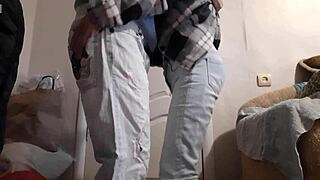 Lesbian brides sneak mutual masturbation in jeans while husbands watch football nearby