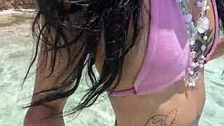 petite tattooed teen teases skinny ass poolside before huge toy stretches tight holes