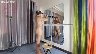 naked nudist regina noir trims juicy shaved pussy lips beachside