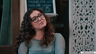 busty shemale emma rose licks college gf's shaved pussy then fucks her outdoors at public cafe