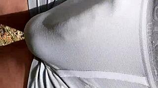 Guy's hard cock bulges in tight outdoor shorts