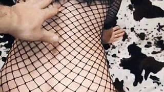 Wife rides cowgirl in her sexy mesh bodysuit