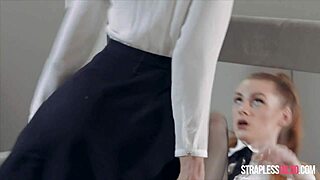 Office Girls Mia and Rossy Bush Tribbing with Strapless Dildo Heels On