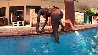Poolside daddy tongue-dives juicy ebony flower tucci's dripping wet pussy