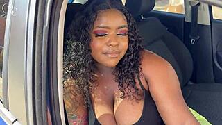 Ebony's big ass fucked through shorts hole to car wash