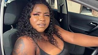 Ebony's big ass fucked through shorts hole to car wash