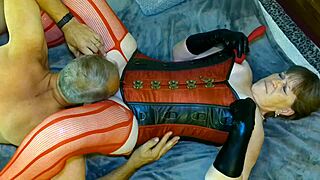 steampunk granny fingers her mature pussy and gets licked to squirting orgasm reality