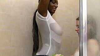 Paris Love wet ebony milf showers big tits ass in messy interracial french kink